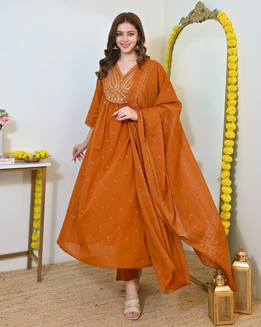 Elegant Orange Mul Chanderi Embroidered Anarkali Suit Set with Dupatta