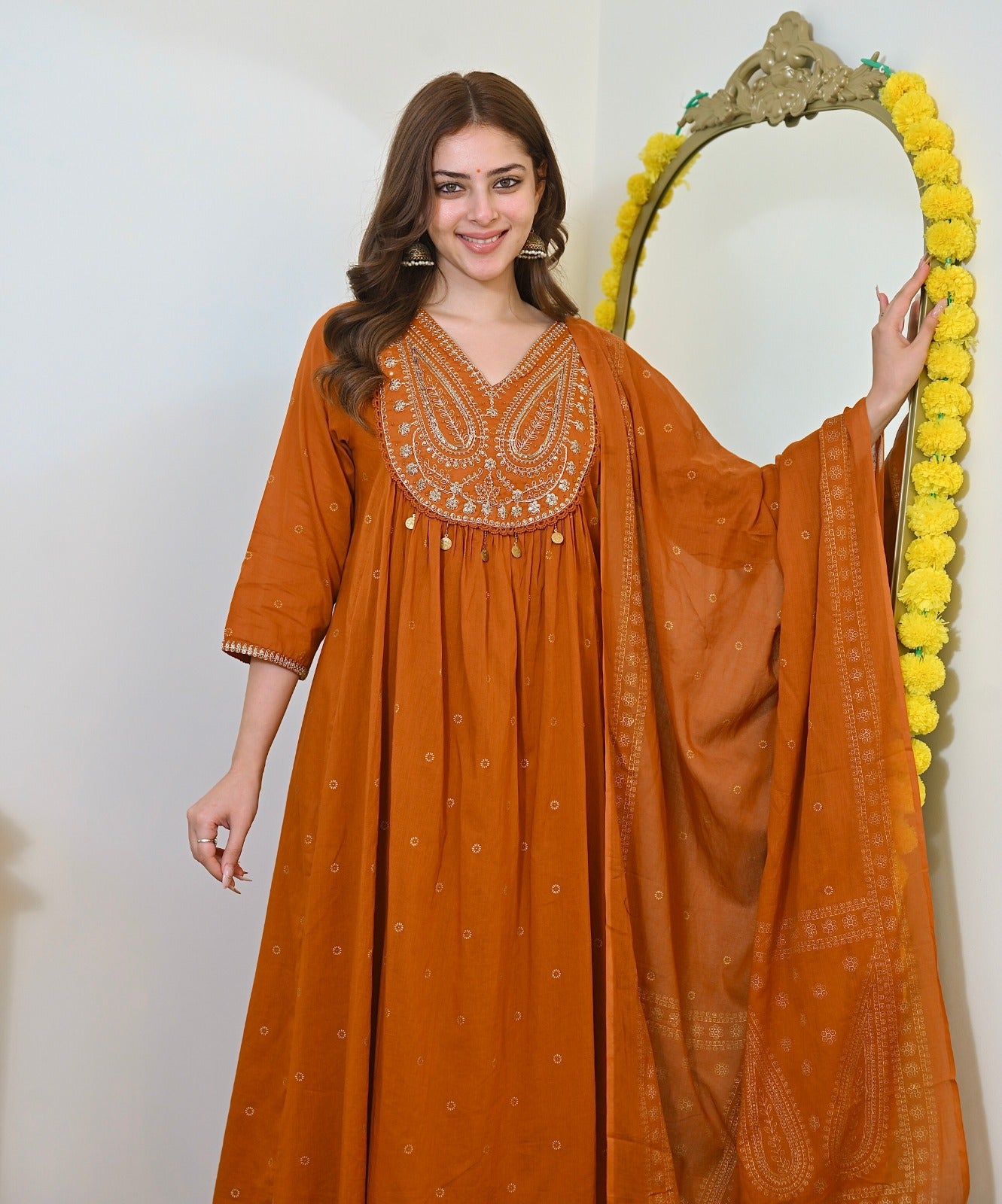 Elegant Orange Mul Chanderi Embroidered Anarkali Suit Set with Dupatta