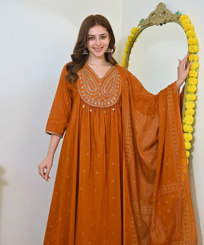 Elegant Orange Mul Chanderi Embroidered Anarkali Suit Set with Dupatta