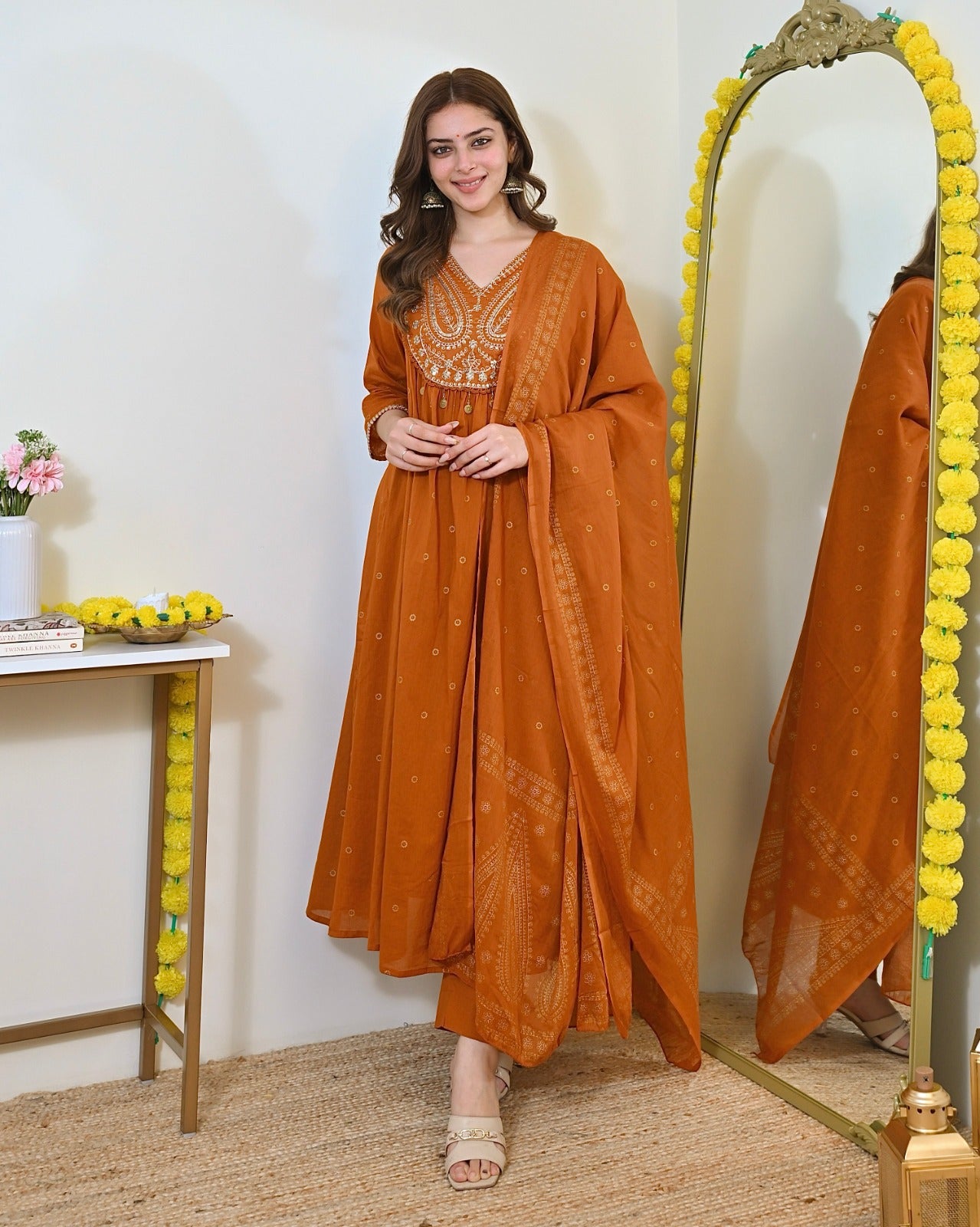 Elegant Orange Mul Chanderi Embroidered Anarkali Suit Set with Dupatta
