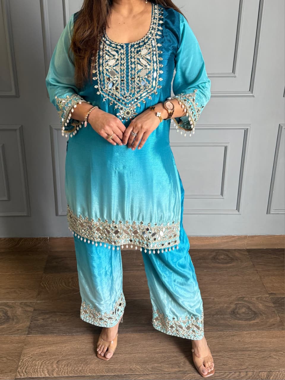 Elegant Turquoise Blue Chinon Silk Straight Kurta Pant Set
