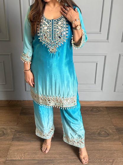 Elegant Turquoise Blue Chinon Silk Straight Kurta Pant Set