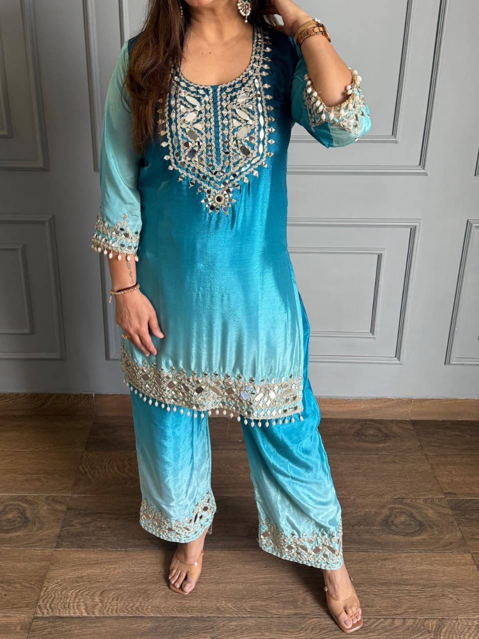 Elegant Turquoise Blue Chinon Silk Straight Kurta Pant Set