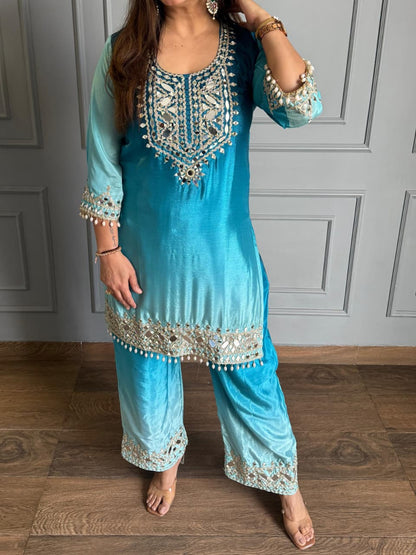 Elegant Turquoise Blue Chinon Silk Straight Kurta Pant Set