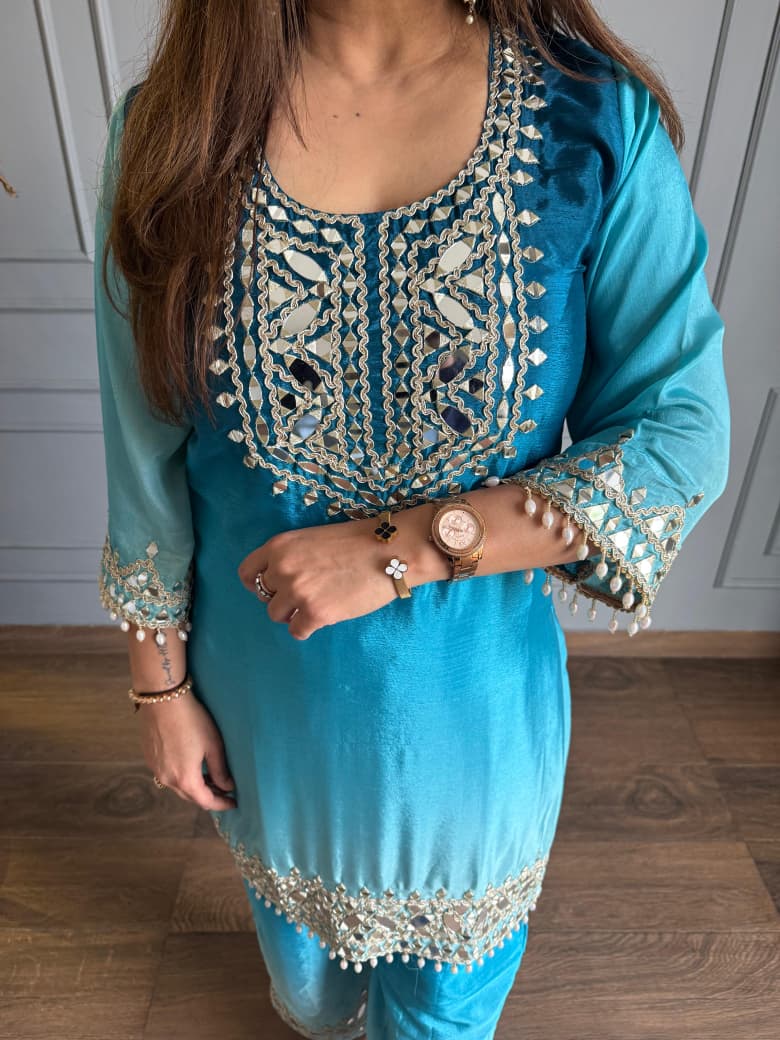 Elegant Turquoise Blue Chinon Silk Straight Kurta Pant Set