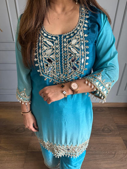Elegant Turquoise Blue Chinon Silk Straight Kurta Pant Set