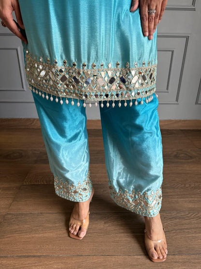 Elegant Turquoise Blue Chinon Silk Straight Kurta Pant Set