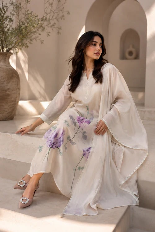 Elegant Floral Print Pure Mul Linen Suit Set With Dupatta