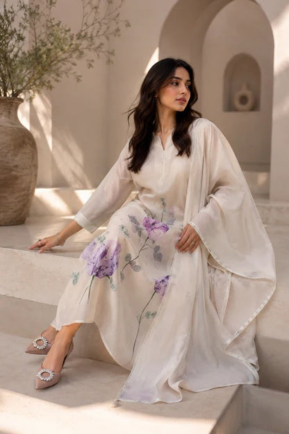 Elegant Floral Print Pure Mul Linen Suit Set With Dupatta