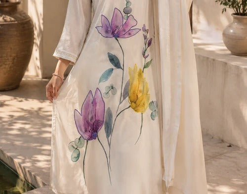 Elegant Floral Print Pure Mul Linen Suit Set With Dupatta