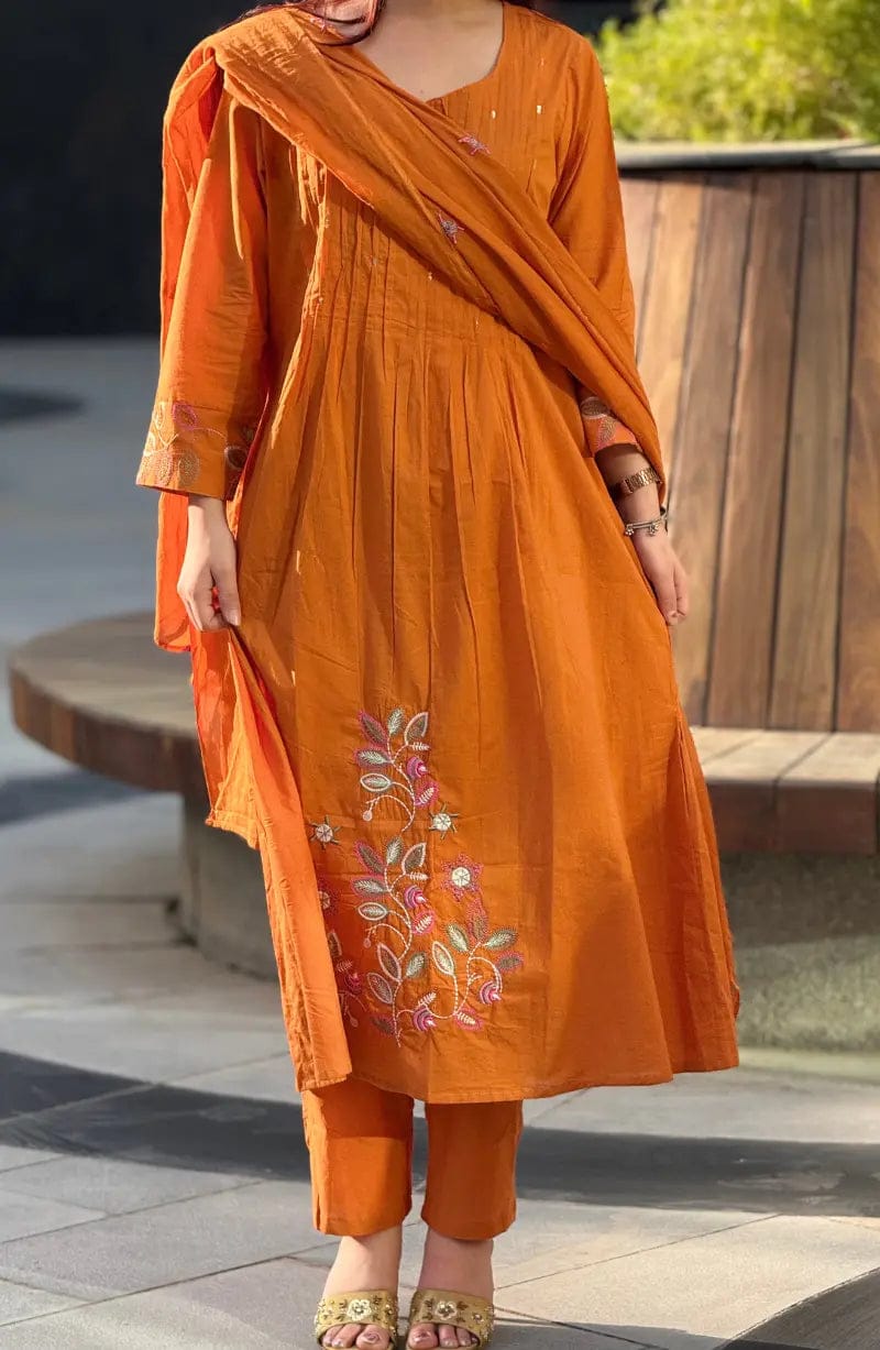 Very Attractive Orange Pure Cotton Suit Set with Floral Handwork