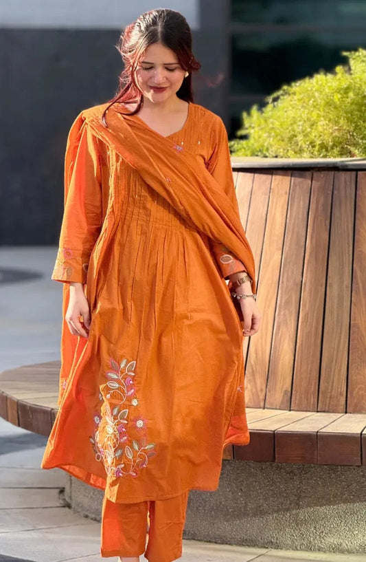 Very Attractive Orange Pure Cotton Suit Set with Floral Handwork
