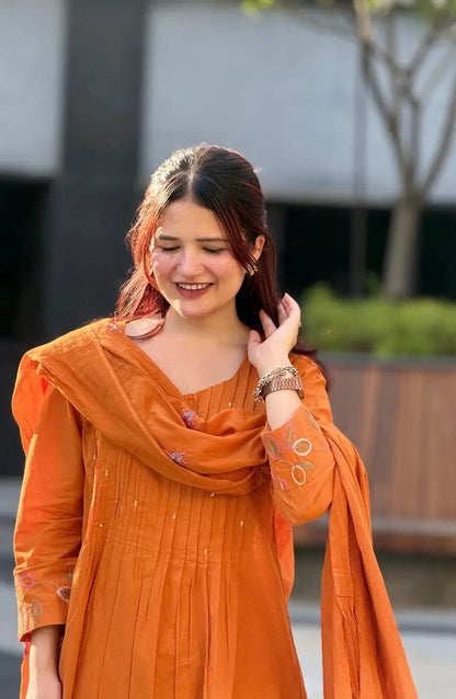 Very Attractive Orange Pure Cotton Suit Set with Floral Handwork