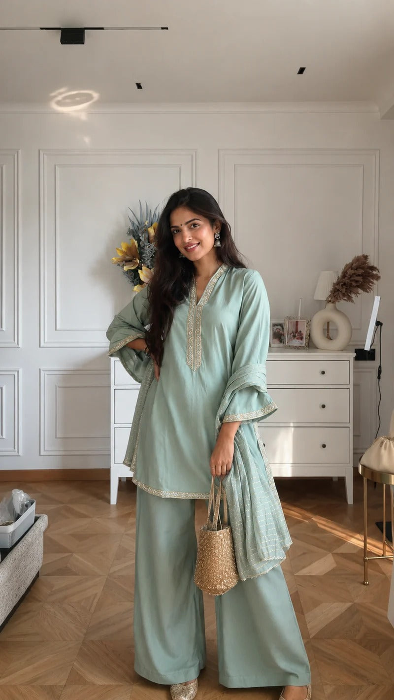 Natasa Inspired Embroidered Kurta Palazzo Set