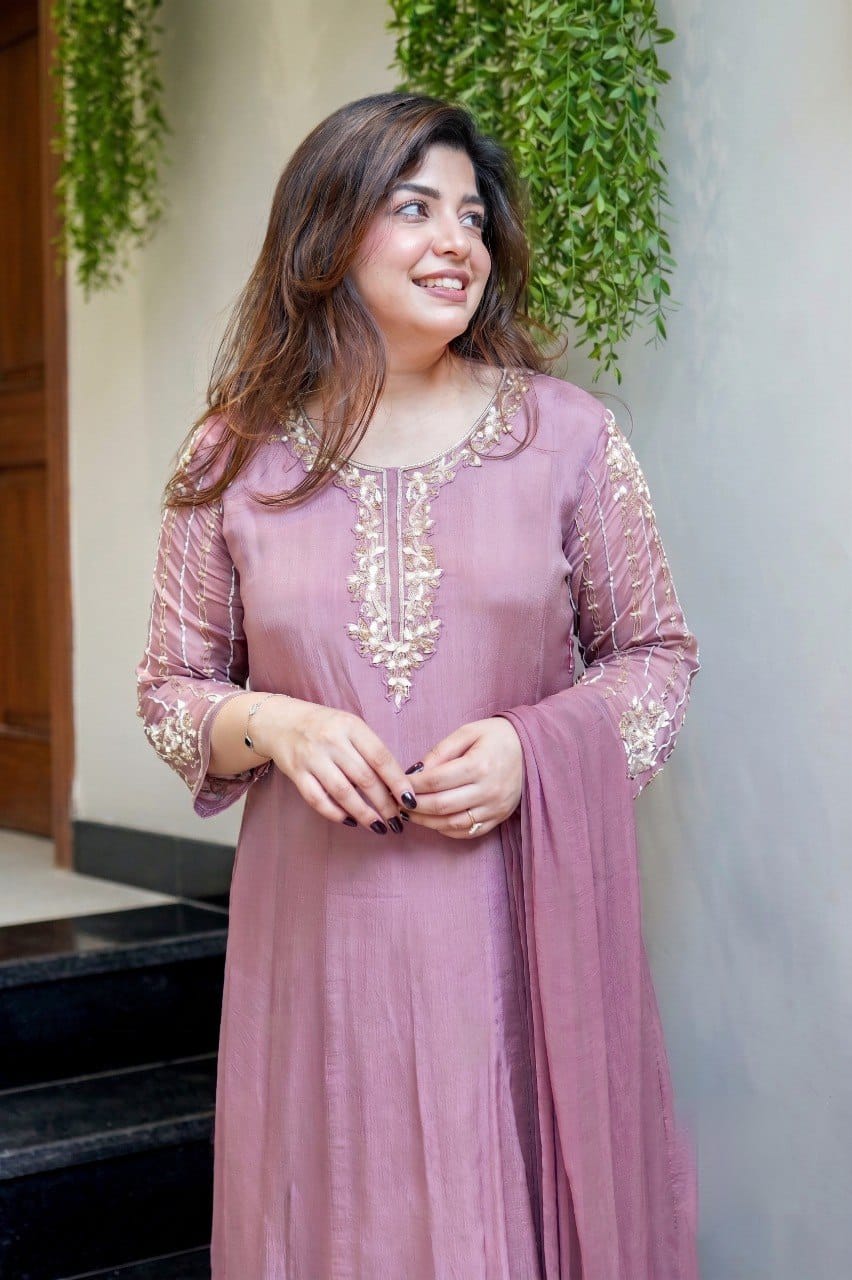 Dusty Pink Pure Glass Tissue Anarkali Gown