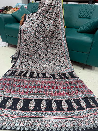Sheesh Mahal  Black Gajji Silk Saree with Hand-Embricated Mirror Work