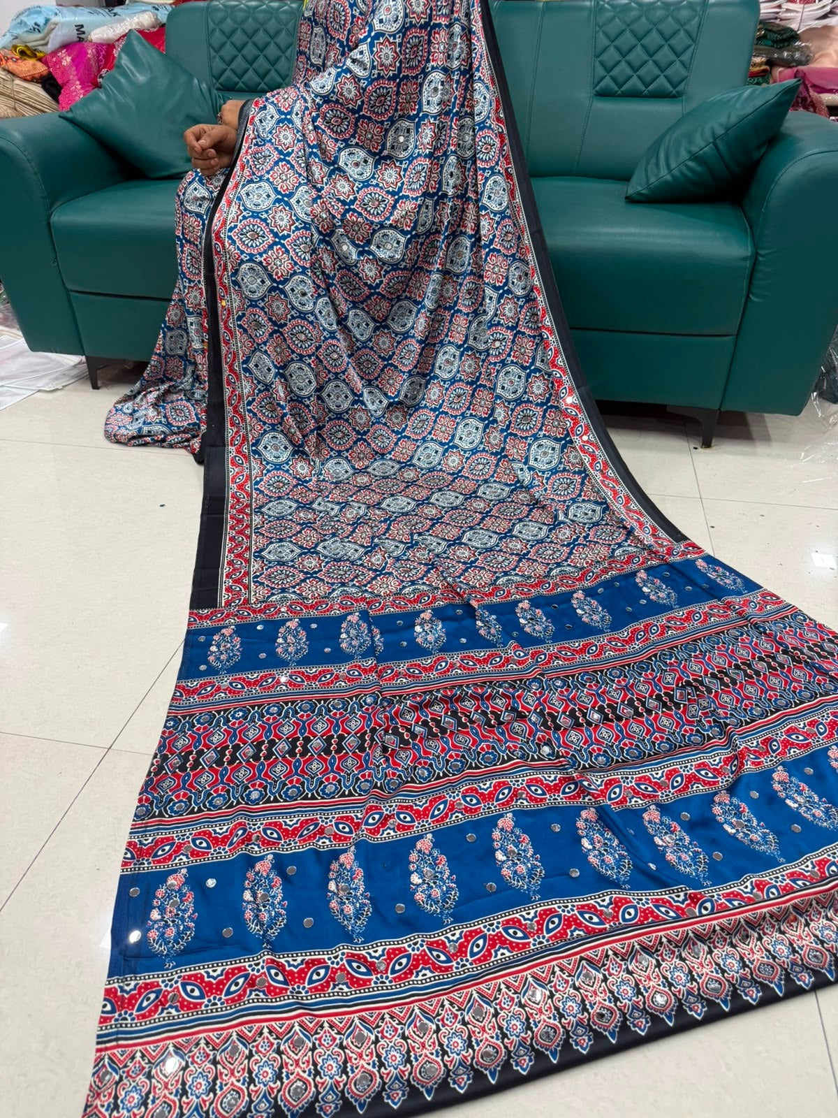 Indigo Blue Ajrakh Gajji Silk Saree with Mirror Work