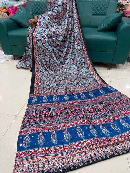 Indigo Blue Ajrakh Gajji Silk Saree with Mirror Work