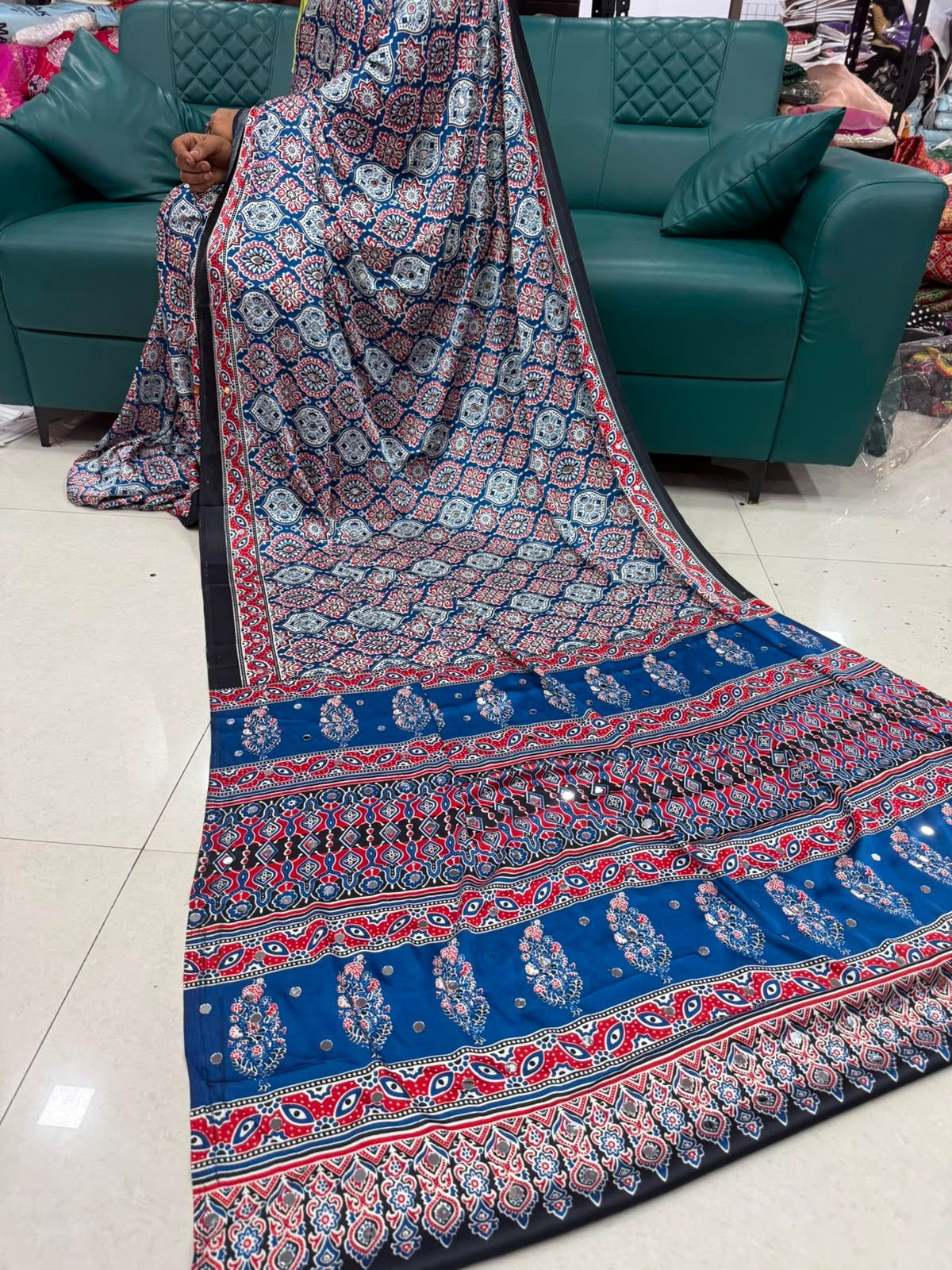 Indigo Blue Ajrakh Gajji Silk Saree with Mirror Work