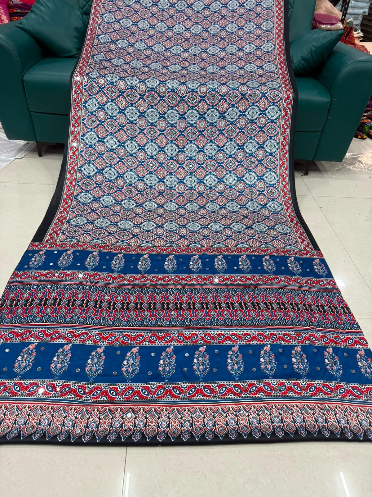 Indigo Blue Ajrakh Gajji Silk Saree with Mirror Work