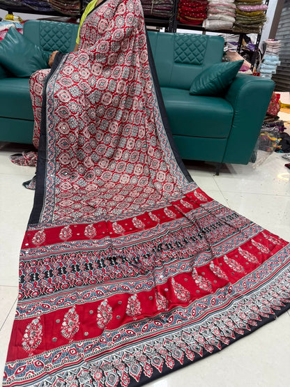Shahi Nazraana Deep Crimson Red Pure Gajji Silk Festive Wear Saree