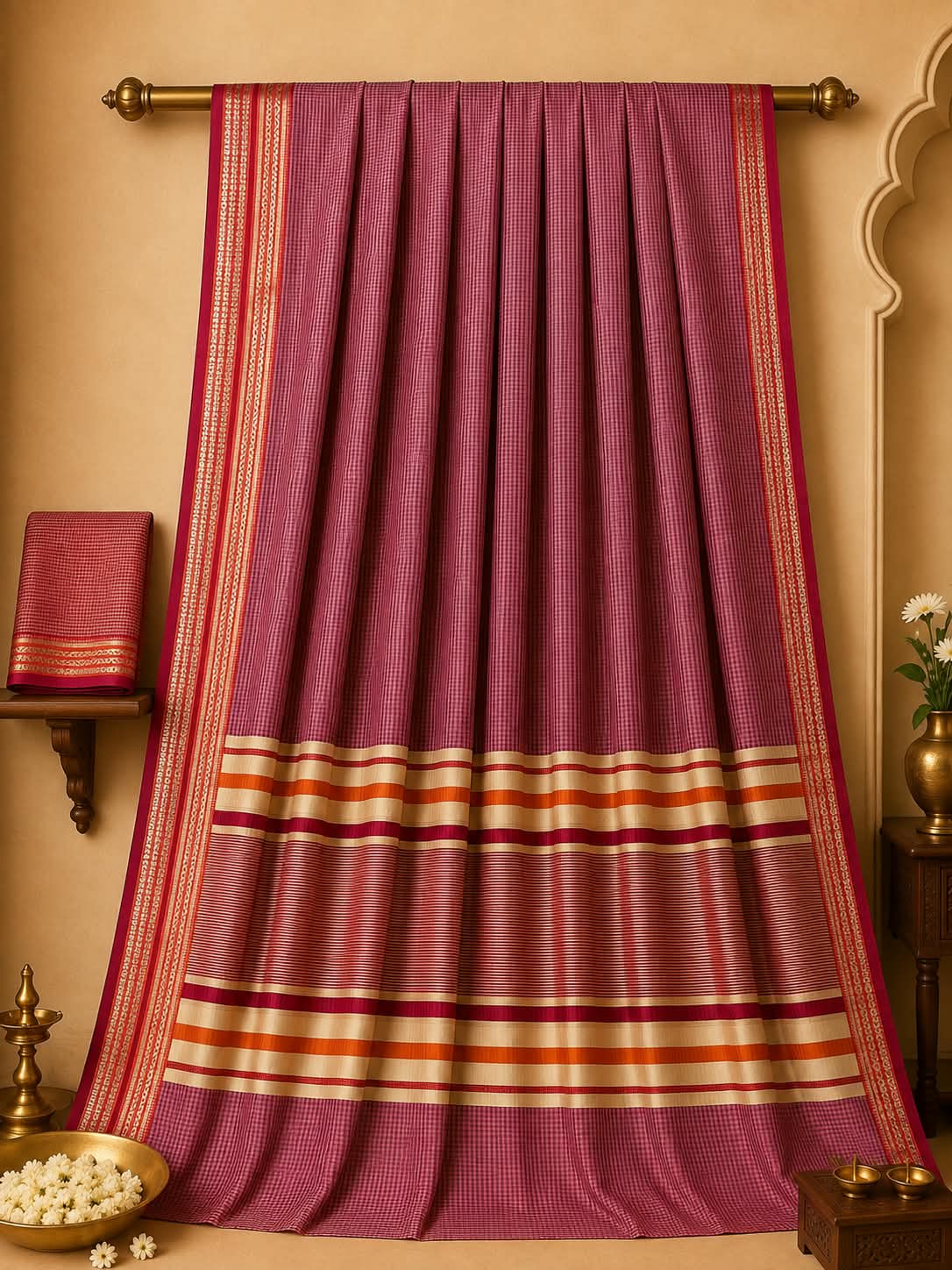 Magenta Purple Micro Checks with Festive Zari Border Handloom Saree
