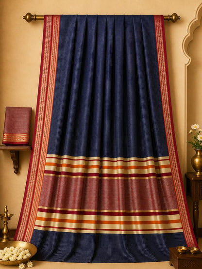 The Twilight Deep Navy and Ochre Gold Luxury Cotton Checkered Saree