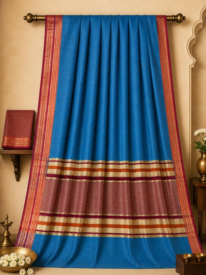 Sky Blue Handloom  Festive Crimson Zari Border Cotton Saree