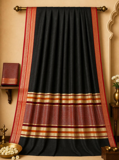 Imperial Black Premium Cotton Saree with Ornate Gold Zari Pallu