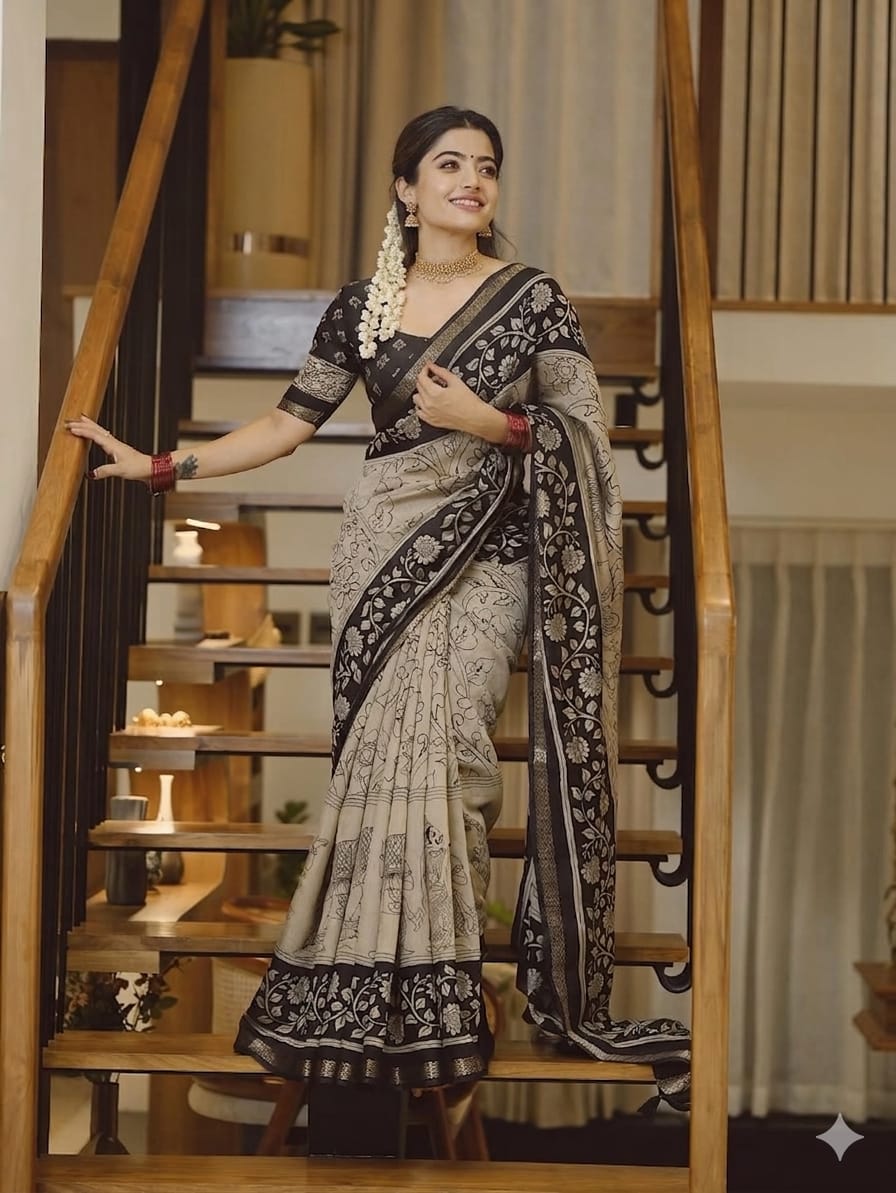 The Sutrani Heritage Premium Charcoal & Ivory Silk Cotton Kalamkari Saree