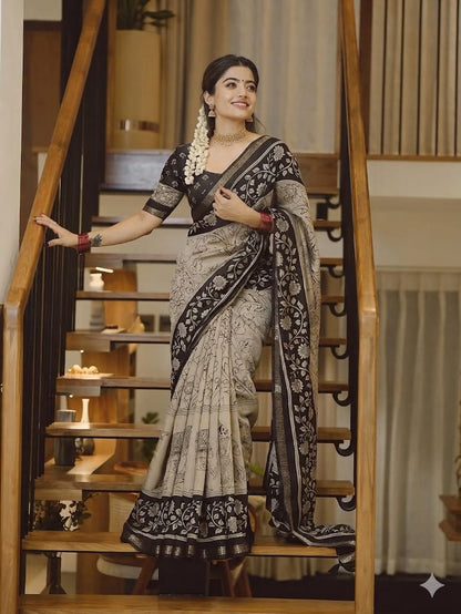 The Sutrani Heritage Premium Charcoal & Ivory Silk Cotton Kalamkari Saree