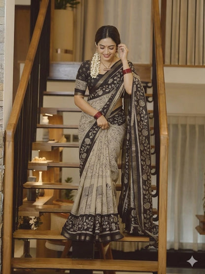 The Sutrani Heritage Premium Charcoal & Ivory Silk Cotton Kalamkari Saree