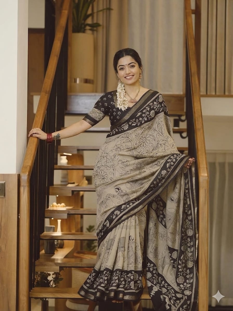 The Sutrani Heritage Premium Charcoal & Ivory Silk Cotton Kalamkari Saree