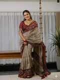 The Avantika Narrative Luxury Beige & Deep Maroon Floral Kalamkari Saree