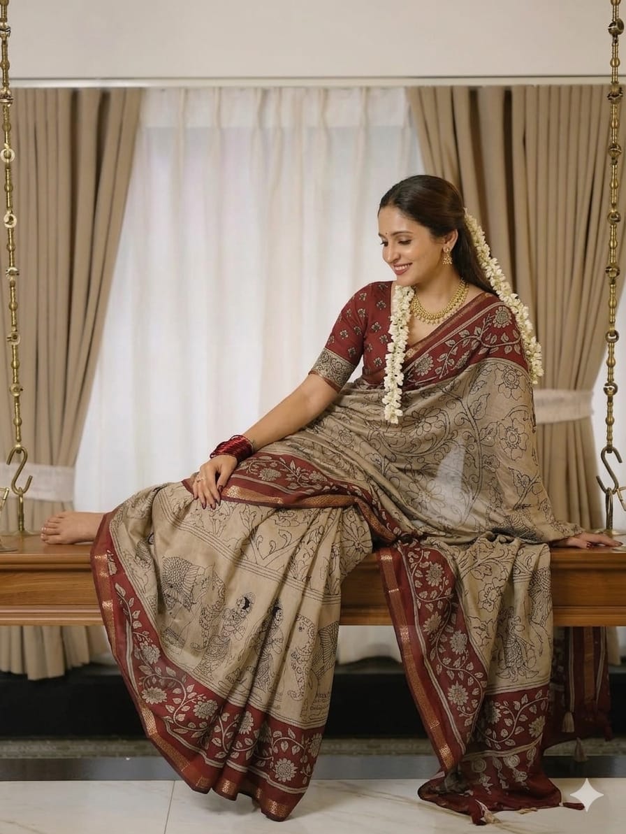 The Avantika Narrative Luxury Beige & Deep Maroon Floral Kalamkari Saree