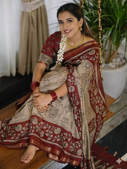 The Avantika Narrative Luxury Beige & Deep Maroon Floral Kalamkari Saree
