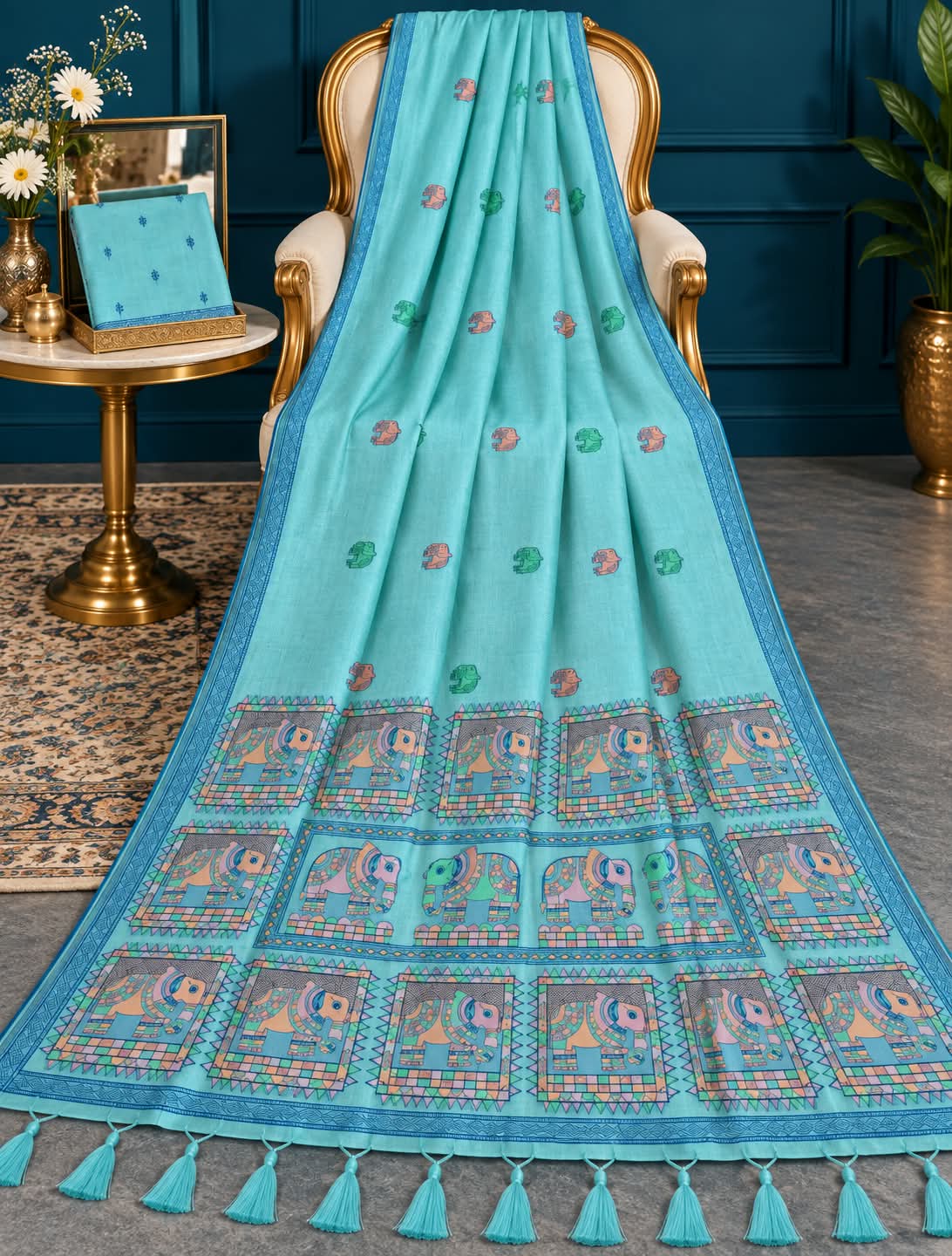 Traditional Woven Elephant Pallu Aqua Sea Green Premium Cotton Saree