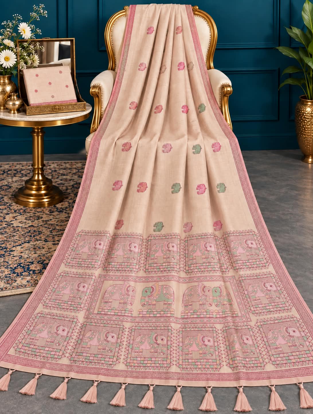 Vintage Peach Royal Trunk Motifs Woven Cotton Saree