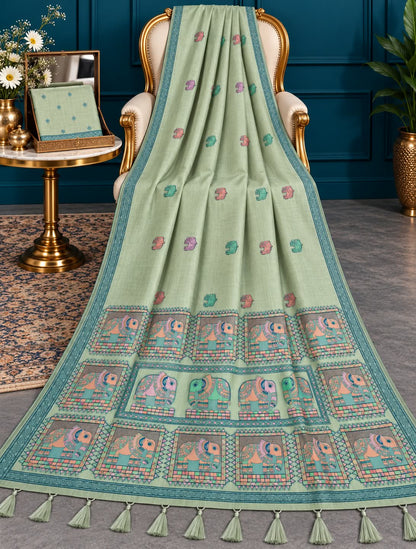 Premium Munga Cotton Elephant Motif Saree in Pastel Green
