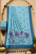 Cerulean Sky Pichwai-Inspired Bird Premium Cotton Saree