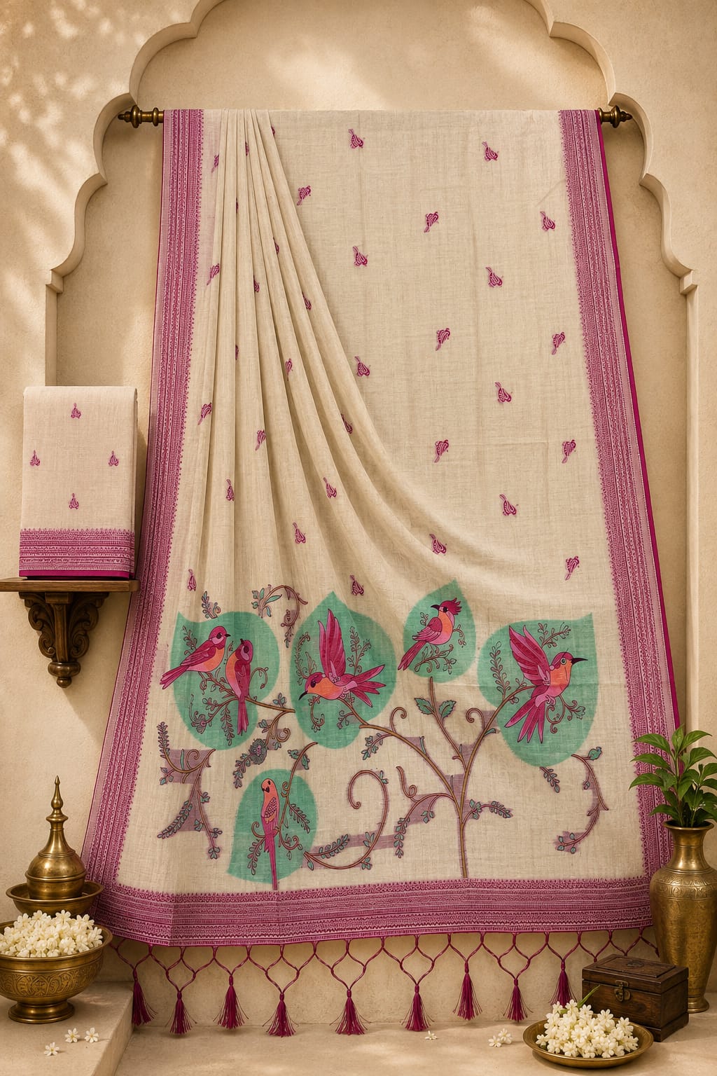 Vintage Cream Heritage Branch Woven Cotton Saree