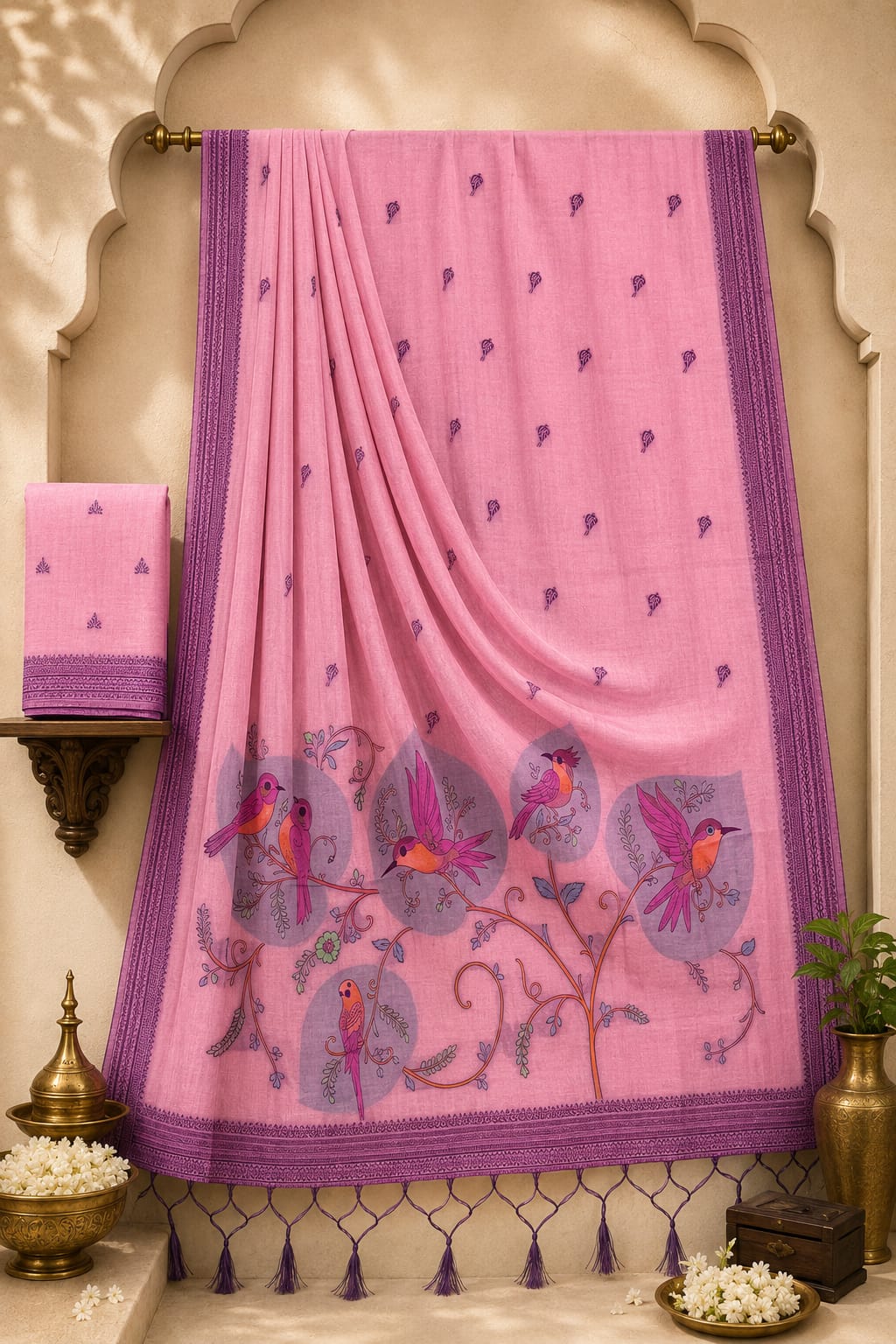 Blossom Pink Tree of Life Woven Cotton Saree