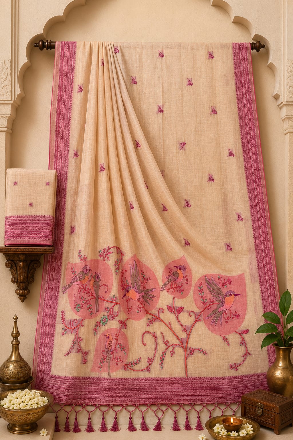 Apricot Frost Pichwai-Inspired Songbird Premium Cotton Saree