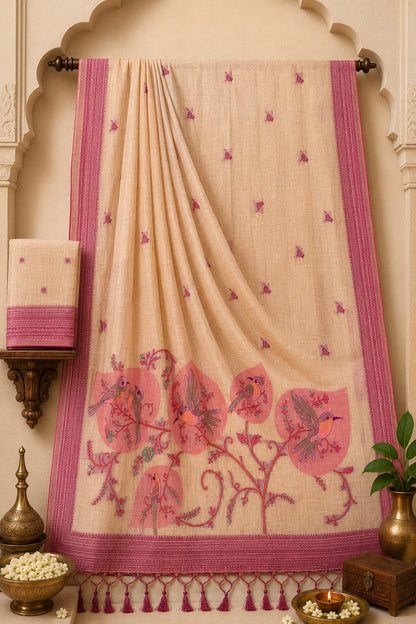 Apricot Frost Pichwai-Inspired Songbird Premium Cotton Saree