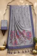 Enchanted Flora Charcoal Mist Munga Cotton Saree with Indigo Avian Pallu