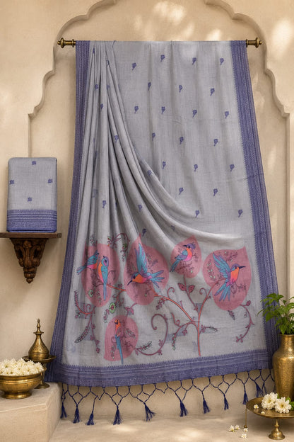 Enchanted Flora Charcoal Mist Munga Cotton Saree with Indigo Avian Pallu