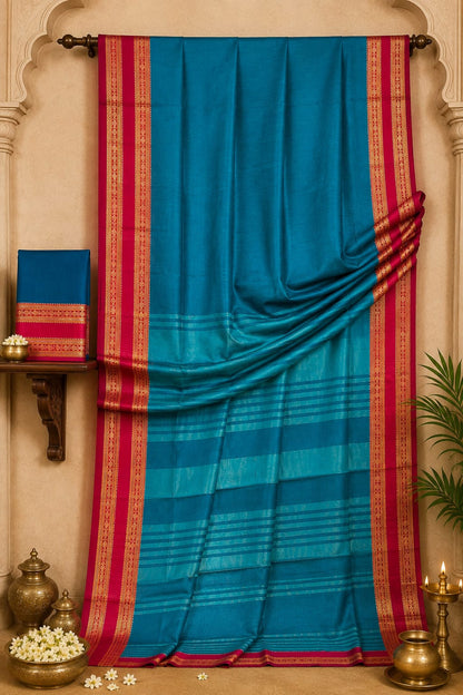 Ocean Abyss & Fuchsia Glaze Silk-Touch Cotton Saree