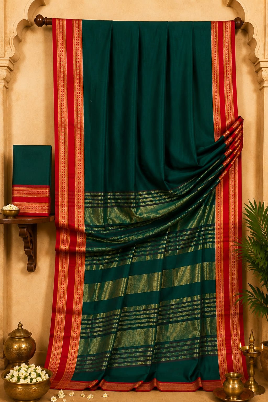 Deep Spruce Heritage Zari Soft Mercerized Cotton Saree