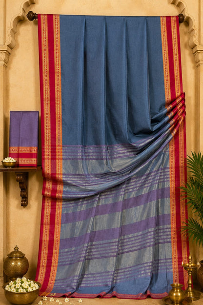 Smoky Sapphire & Ruby Glaze Silk-Touch Cotton Saree