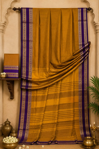 Classic Marigold Sheen Cotton Saree with Contrast Purple Accents
